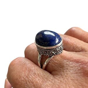 Vintage Inspired Antique Silver Navy Blue Stone Ring